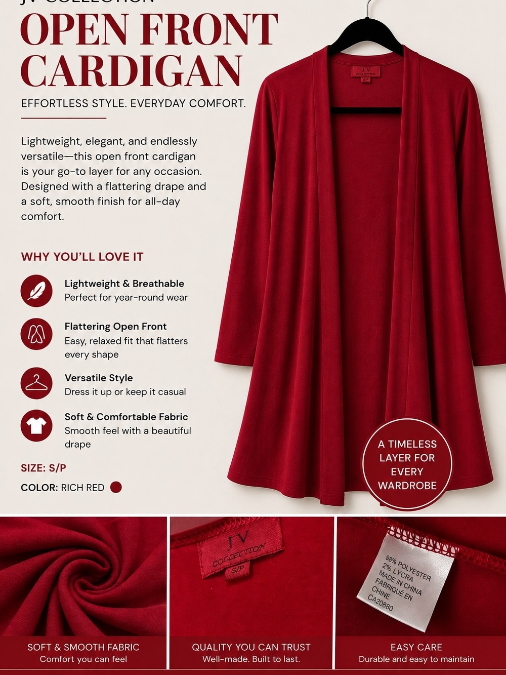 JM Collection Open Front Cardigan - Rich Red